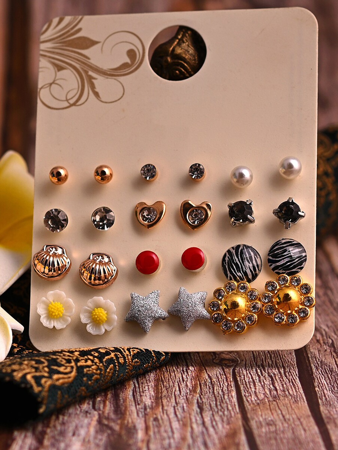 

Jewelz Gold-Toned Set Of 12 Contemporary Studs Earrings