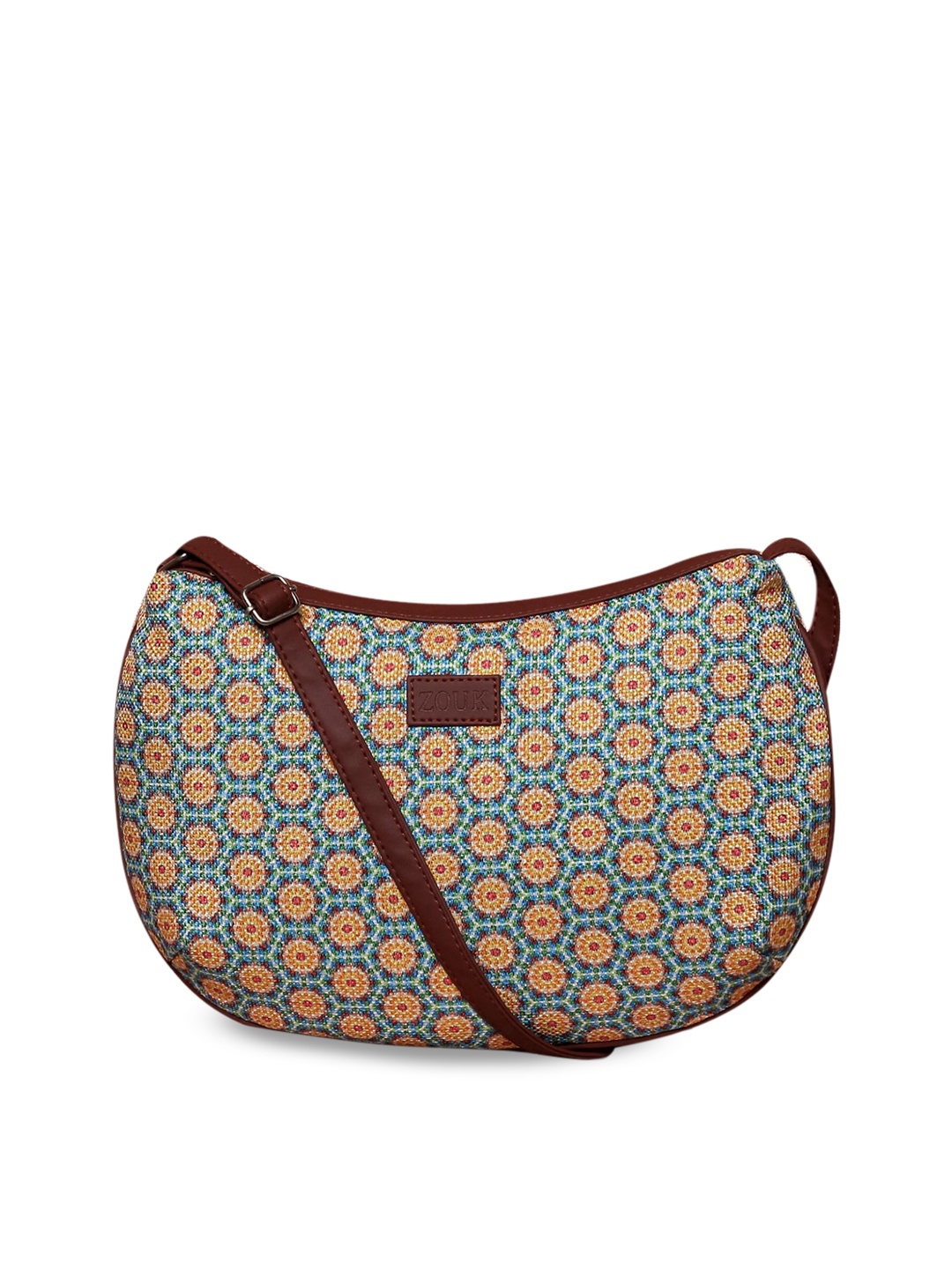 

ZOUK Yellow & Blue Ethnic Motifs Printed Half Moon Sling Bag