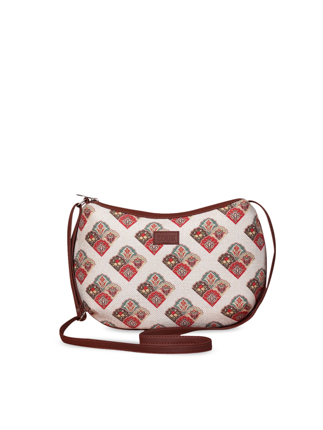 

ZOUK White Floral Printed Structured Sling Bag