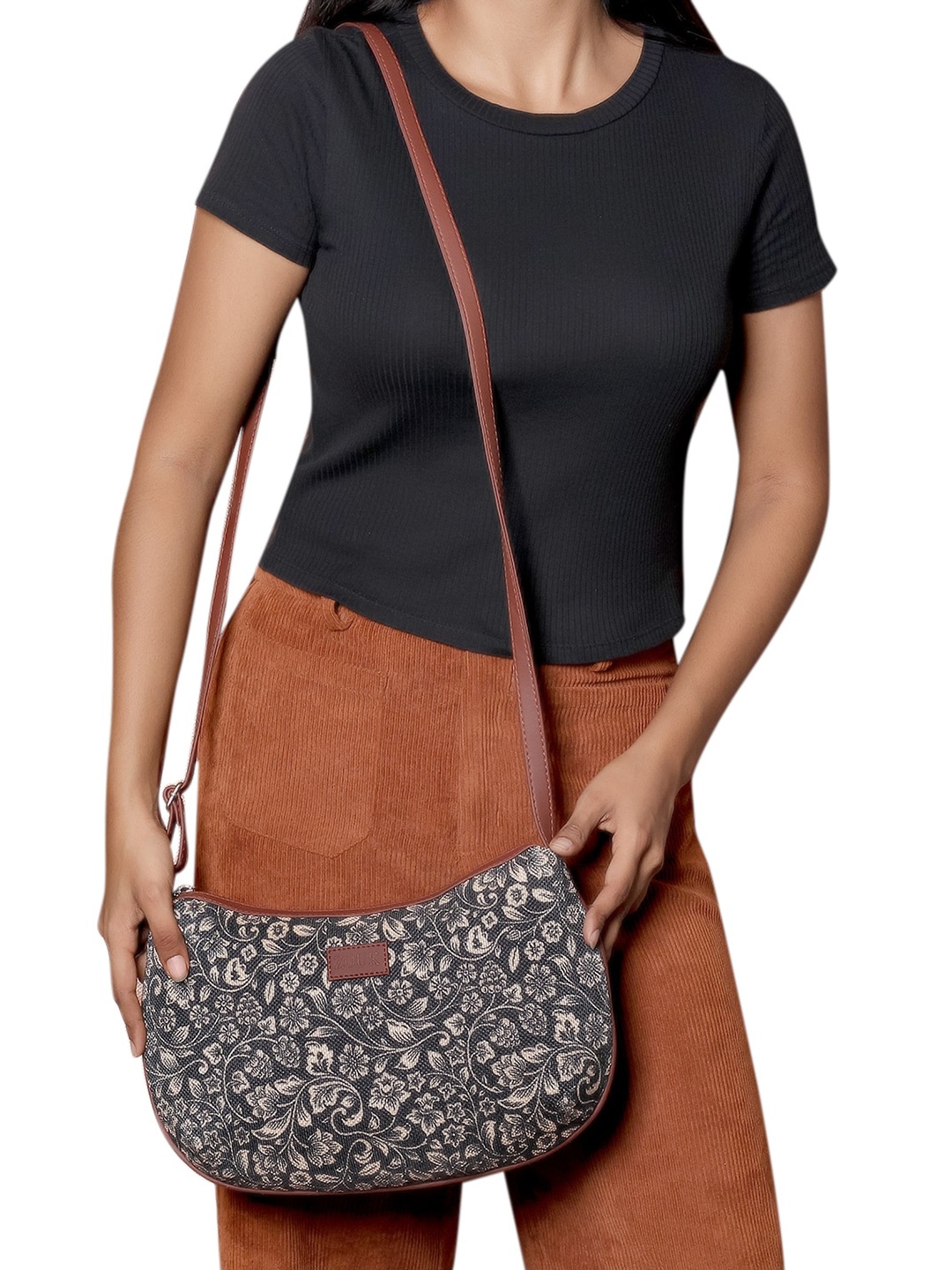 

ZOUK Black Floral Printed Half Moon Sling Bag