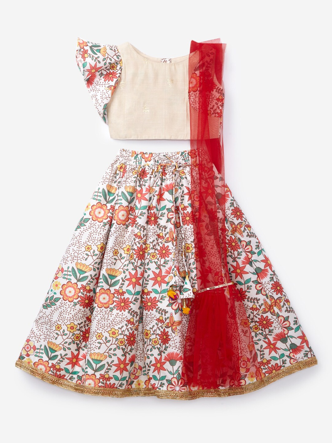 

K&U Girls White & Red Printed Ready to Wear Lehenga & Blouse With Dupatta