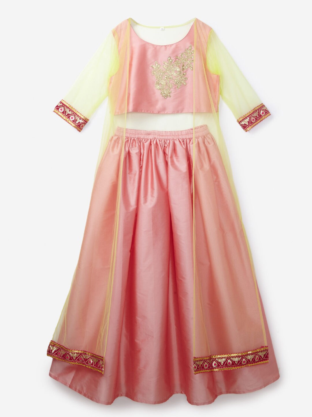 

K&U Girls Peach & Yellow Embellished Sequinned Ready to Wear Lehenga Choli & Shrug