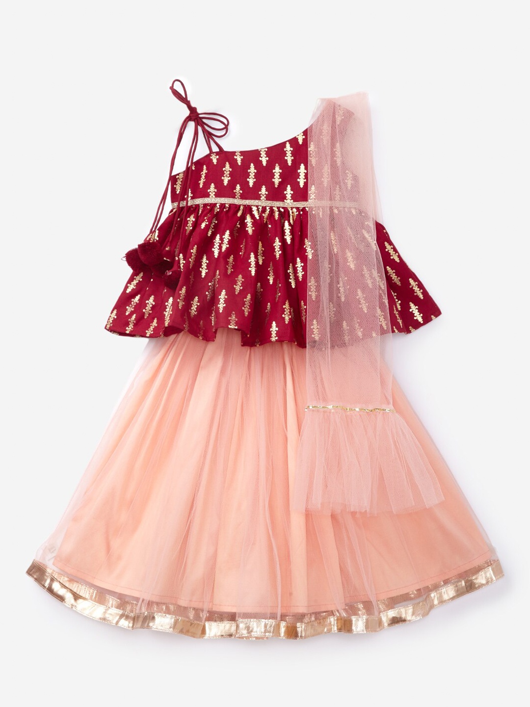 

K&U Girls Maroon & Peach-Coloured Embellished Ready to Wear Lehenga & Blouse With Dupatta