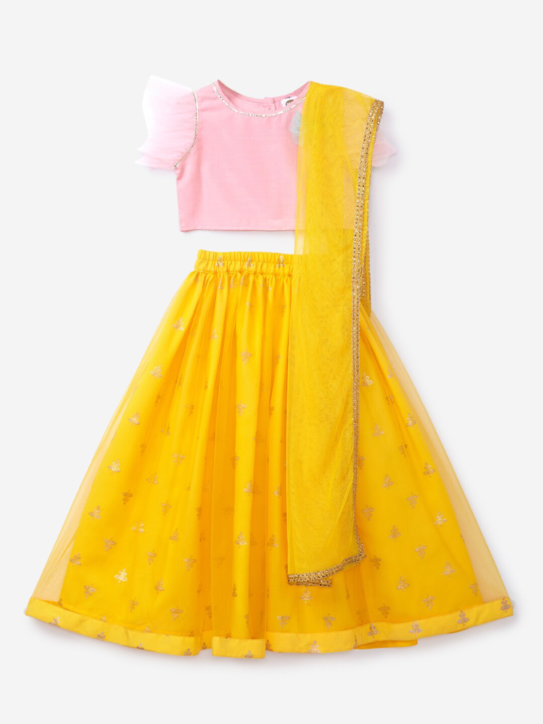 

K&U Girls Yellow & Pink Embellished Ready to Wear Lehenga & Blouse With Dupatta