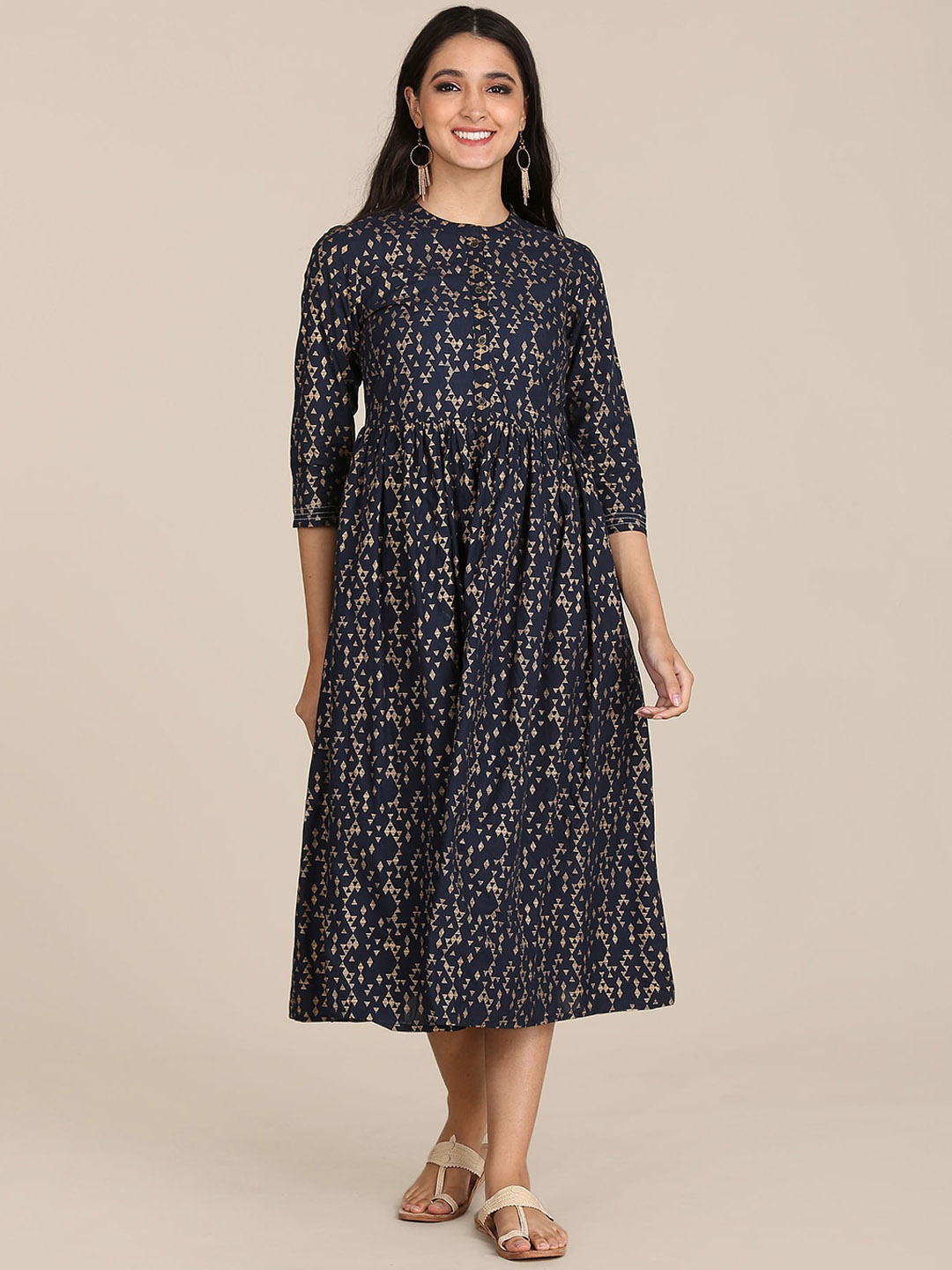 

Karigari Women Navy Blue Printed Flared Dress