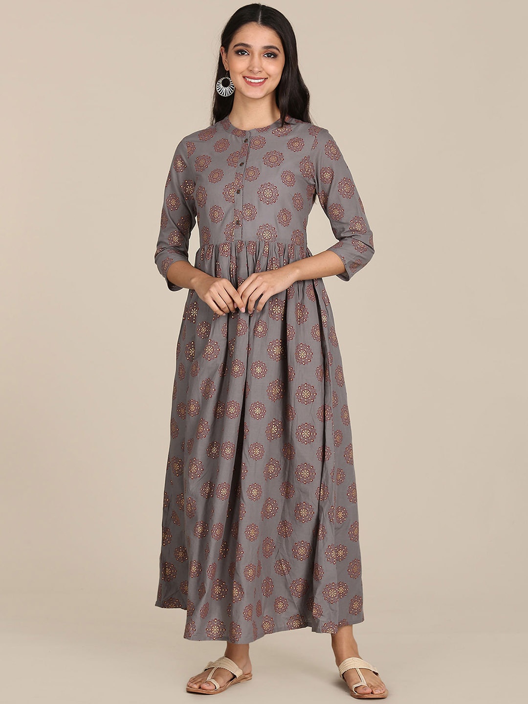 

Karigari Grey & Marron Ethnic Motifs Printed A-line Dress