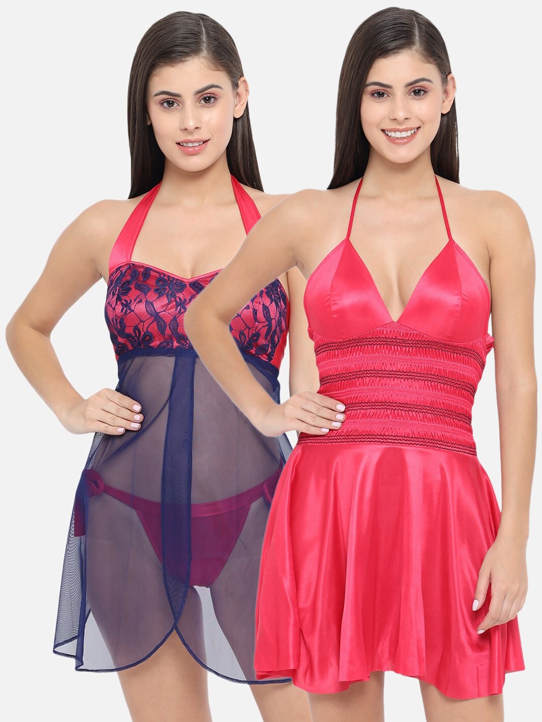 

Klamotten Set of 2 Red & Navy Blue Halter Neck Baby Doll