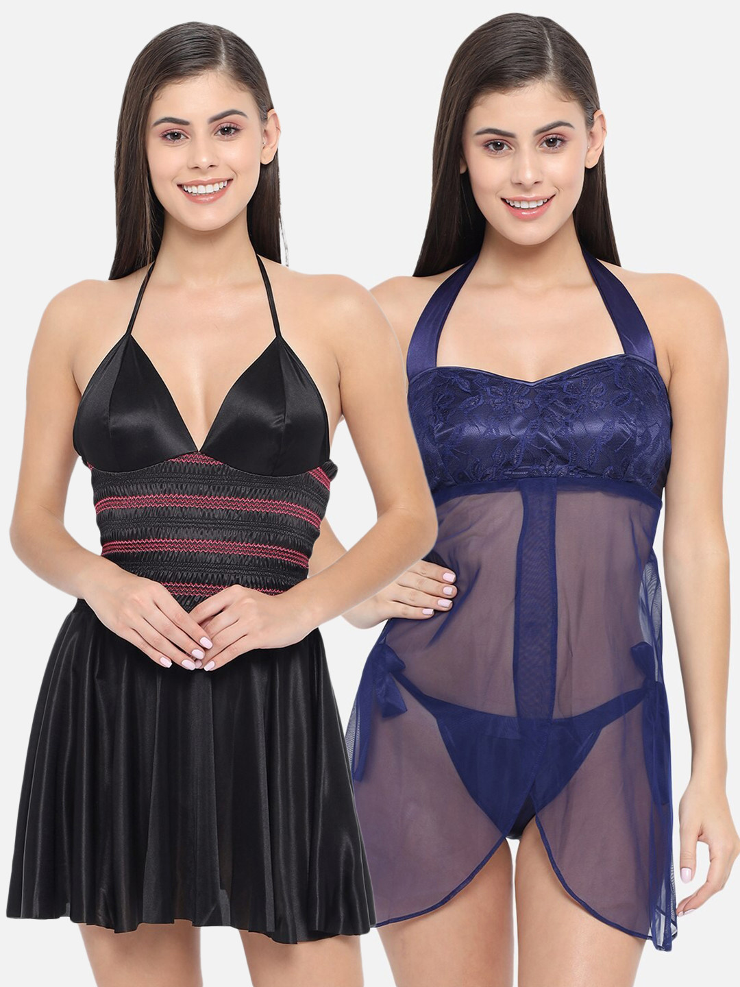 

Klamotten Black & Navy Blue Pack Of 2 Babydoll Nightdress