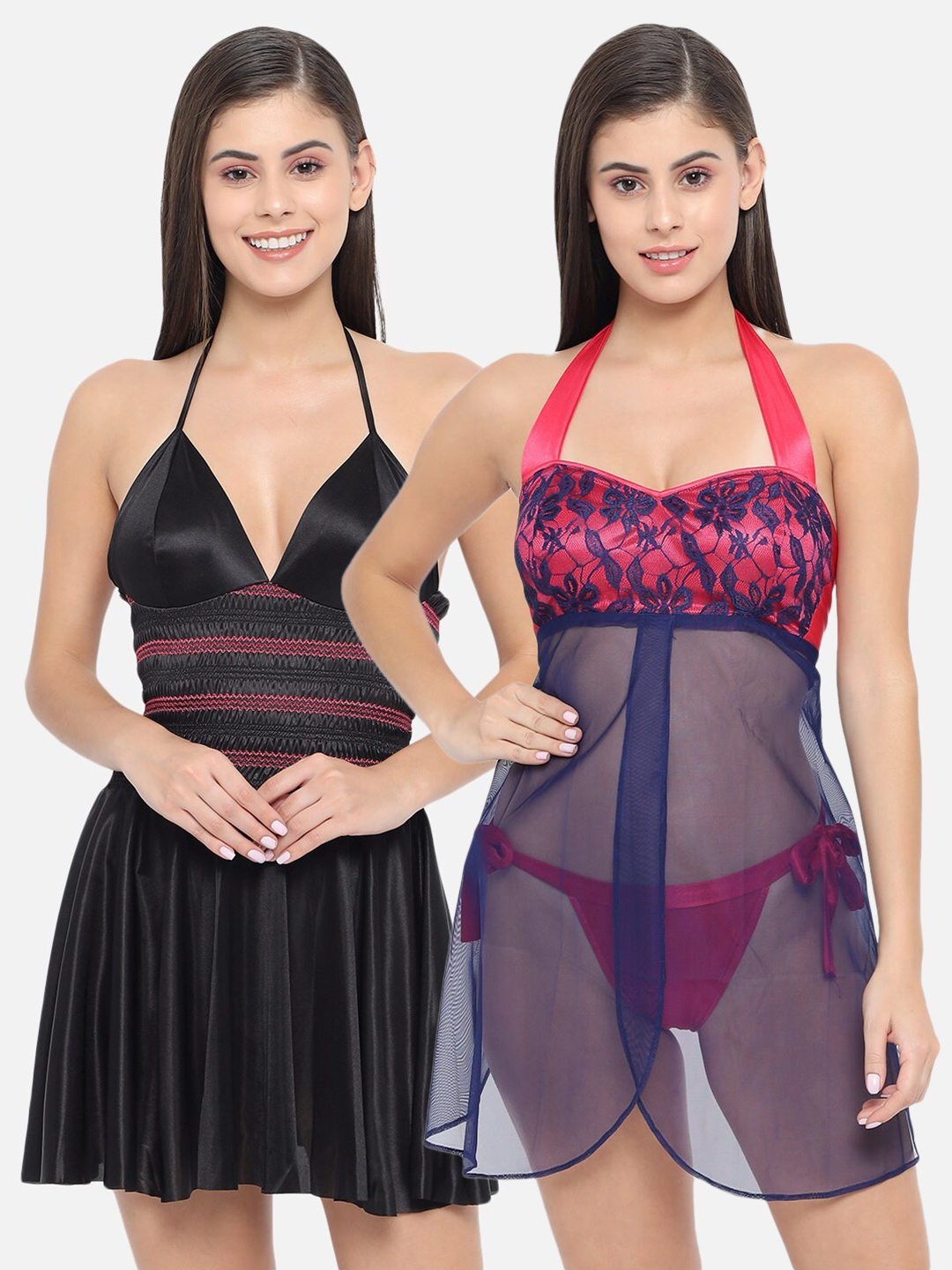 

Klamotten Pack Of 2 Black & Blue Satin Baby Doll, Red