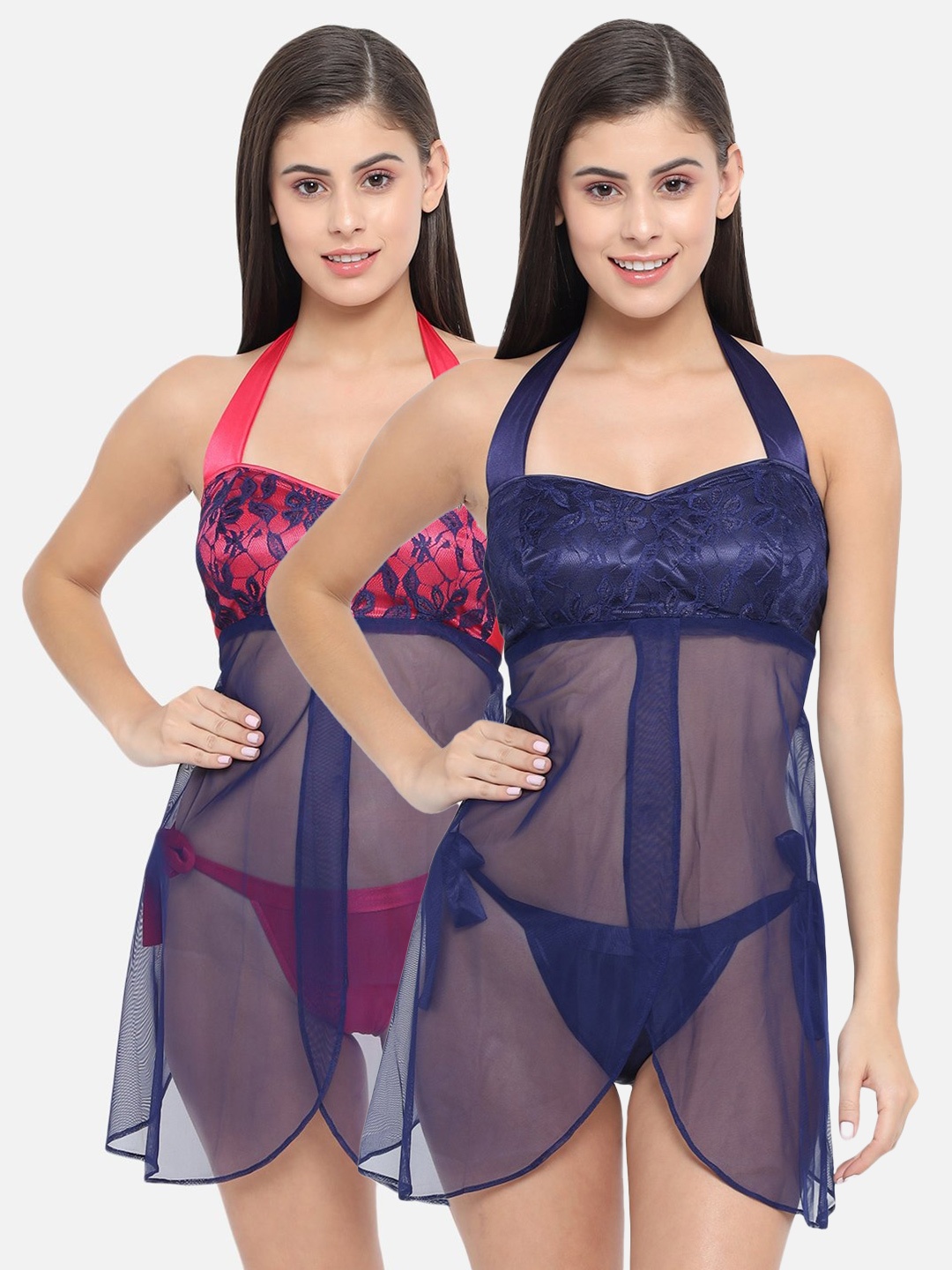 

Klamotten Pack Of 2 Red & Navy Blue Halter Neck Baby Dolls with Asymmetric