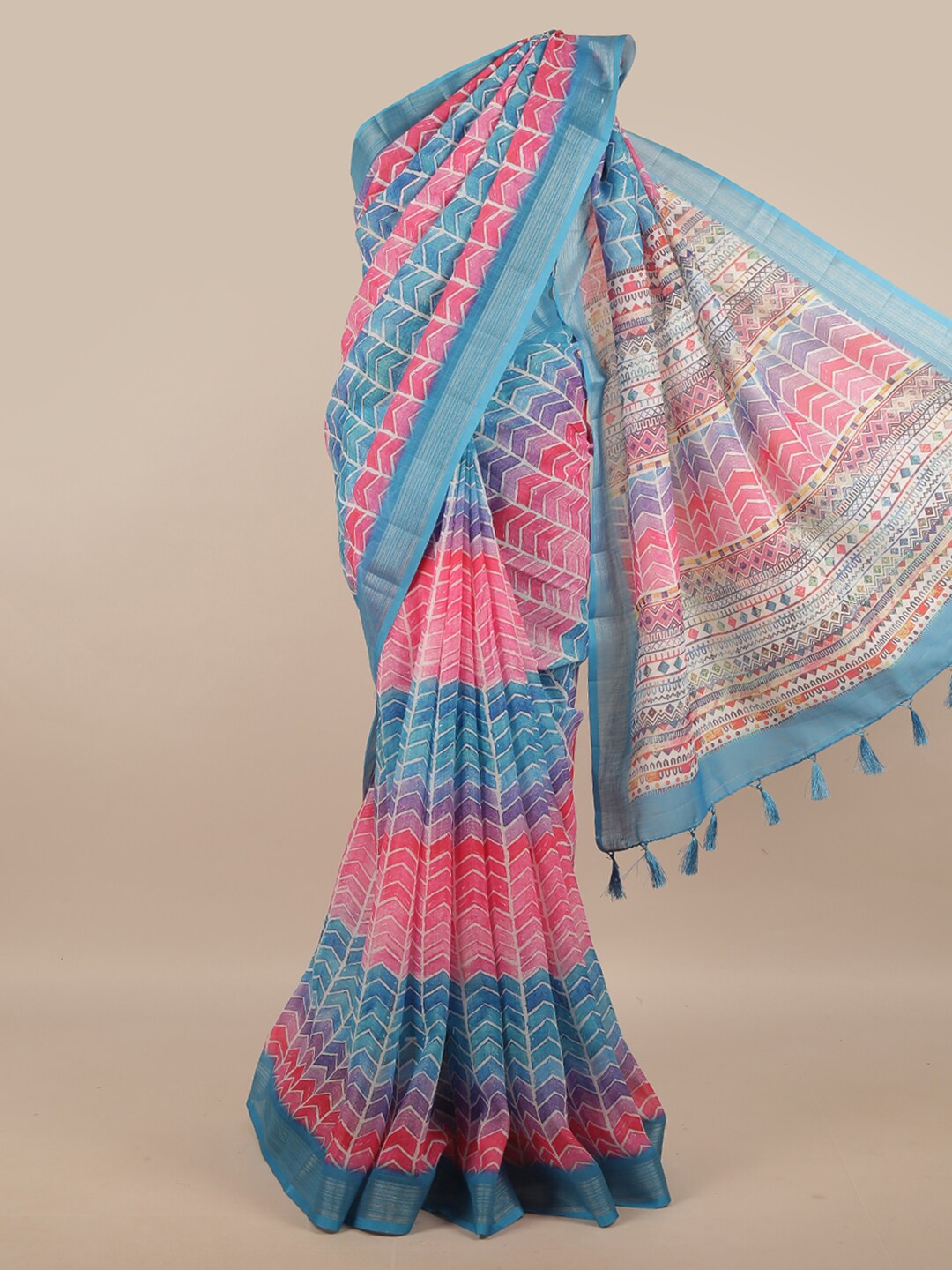 

Pothys Blue & Pink Printed Cotton Blend Saree