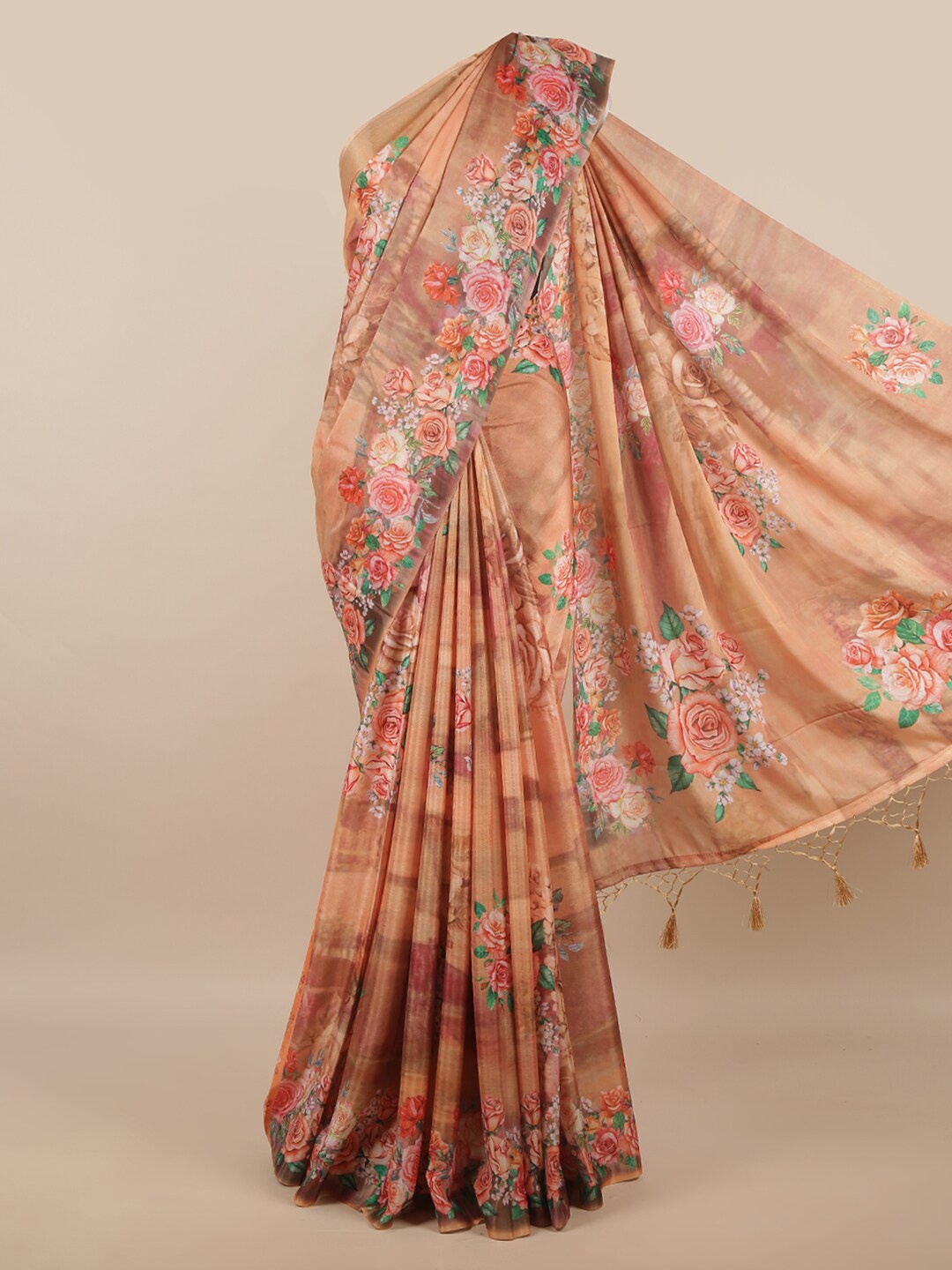 

Pothys Orange & Green Floral Linen Blend Saree