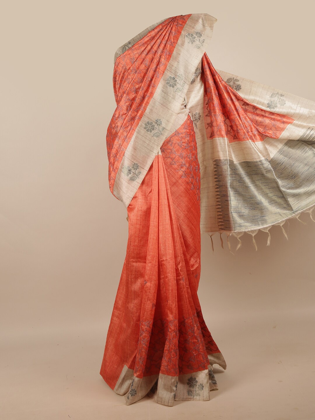 

Pothys Orange & Beige Floral Zari Jute Silk Saree