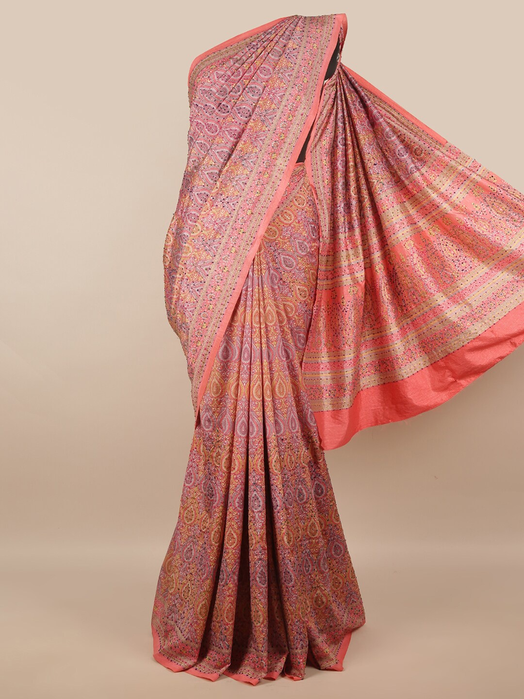 

Pothys Pink & Beige Ethnic Motifs Beads and Stones Art Silk Saree