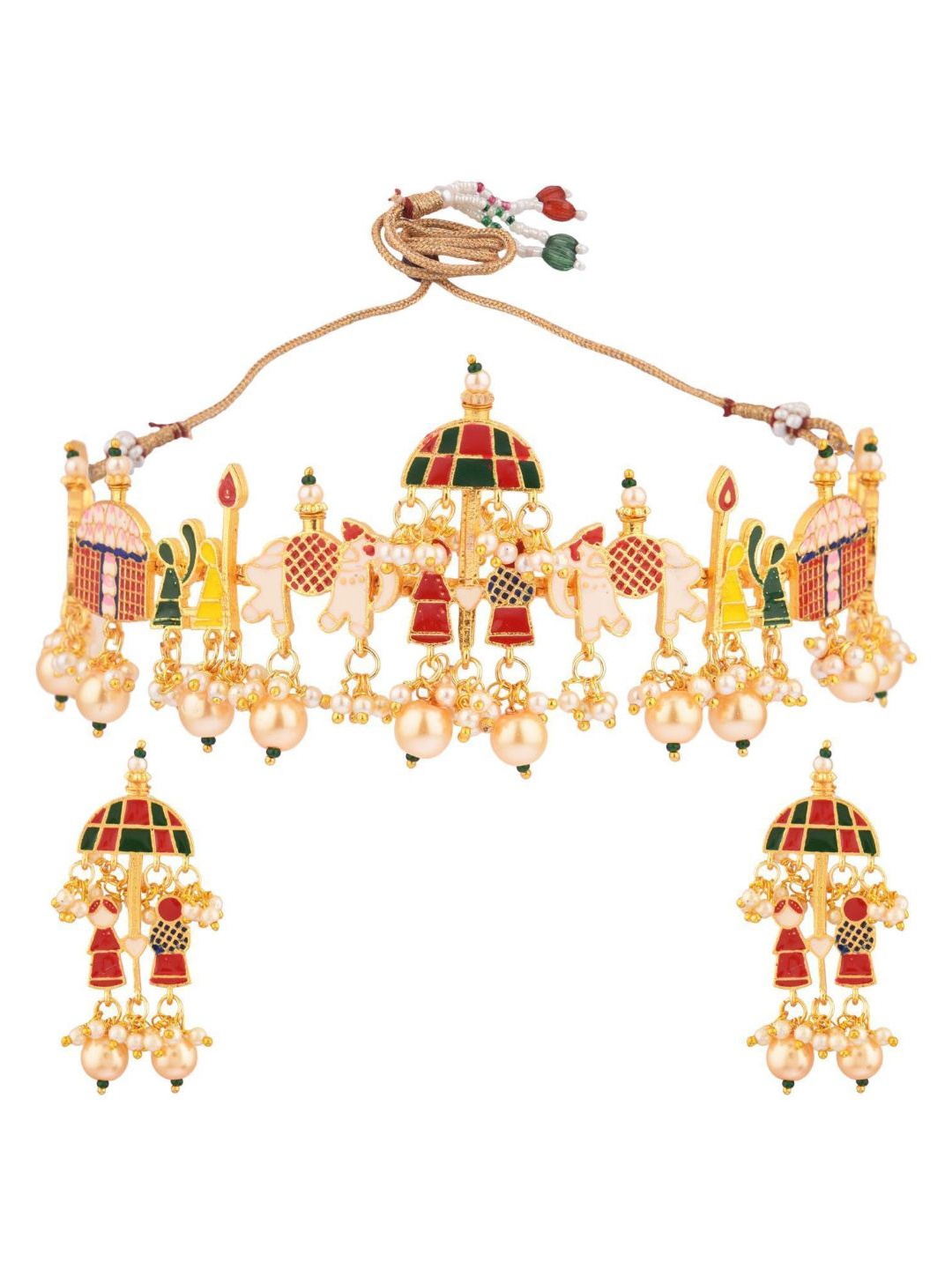 

Efulgenz Gold-Plated Red & White Studded & Beaded Meenakari Jewellery Set