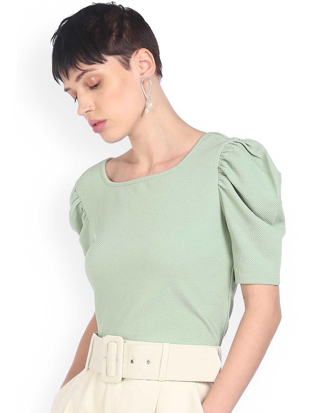 

Sugr Women Green Solid High Neck & Puff Sleeve Top