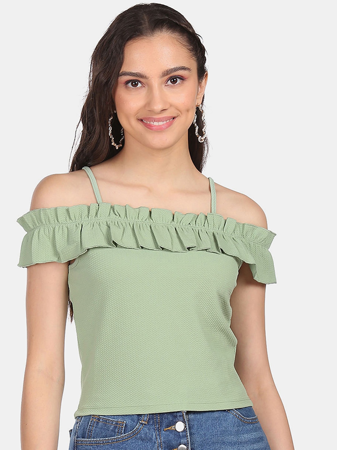 

Sugr Green Strappy Off Shoulder Solid Top