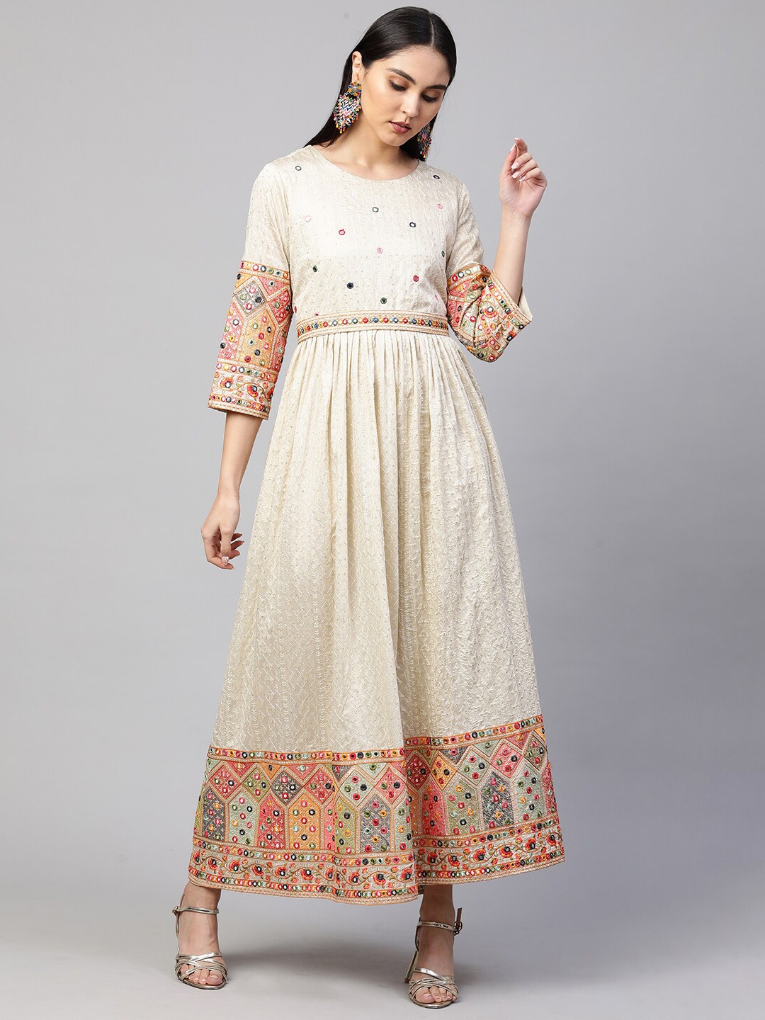 

FASHOR Beige Ethnic Motifs Ethnic Maxi Dress