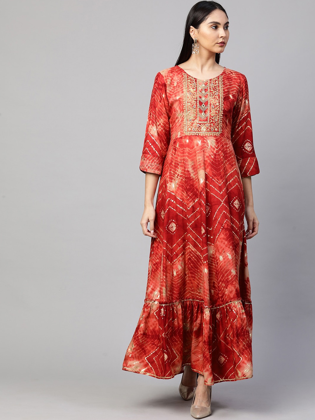 

FASHOR Women Peach-Coloured Ethnic Motifs Maxi Dress