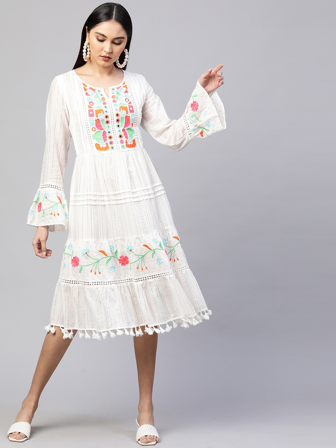 

FASHOR White Floral Embroidered Tiered Midi Dress
