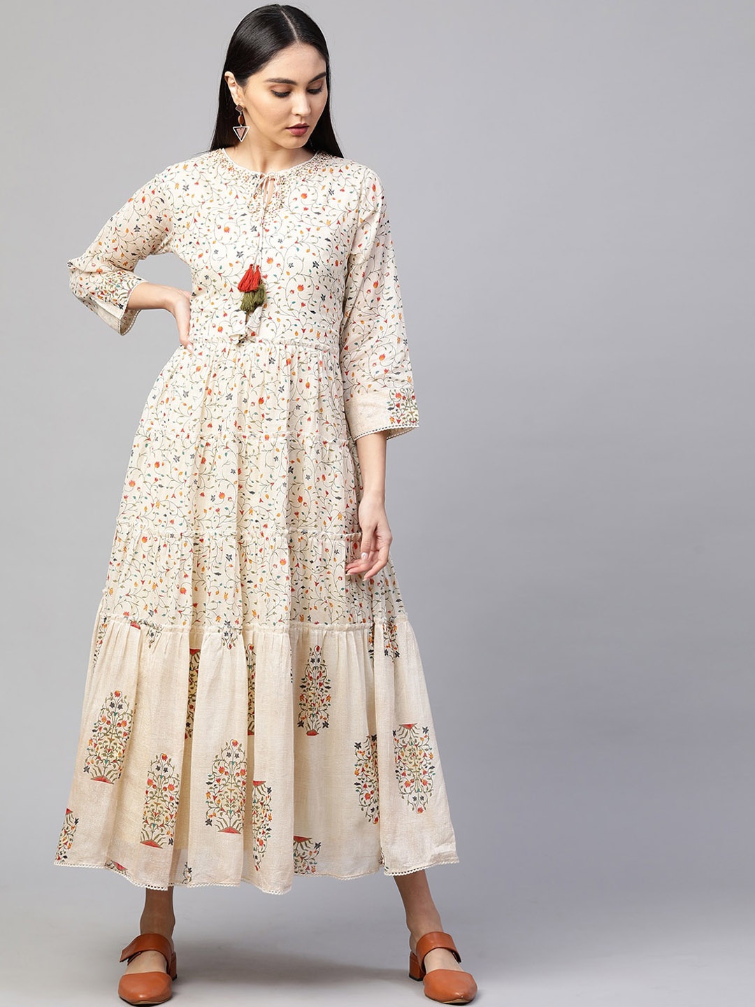 

FASHOR Cream-Coloured Floral Tiered Flare Midi Dress