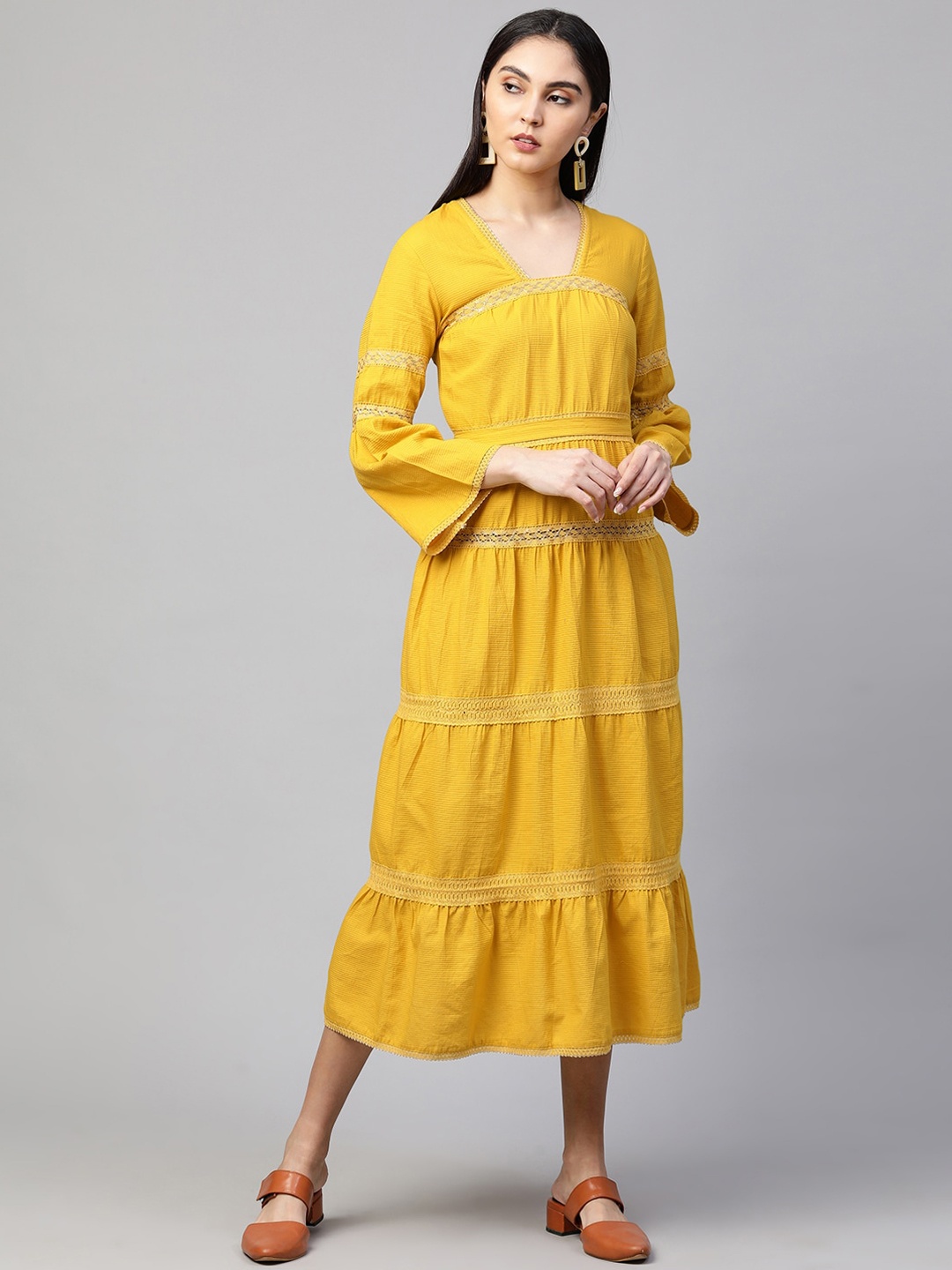 

FASHOR Women Mustard Yellow A-Line Tiered Midi Dress