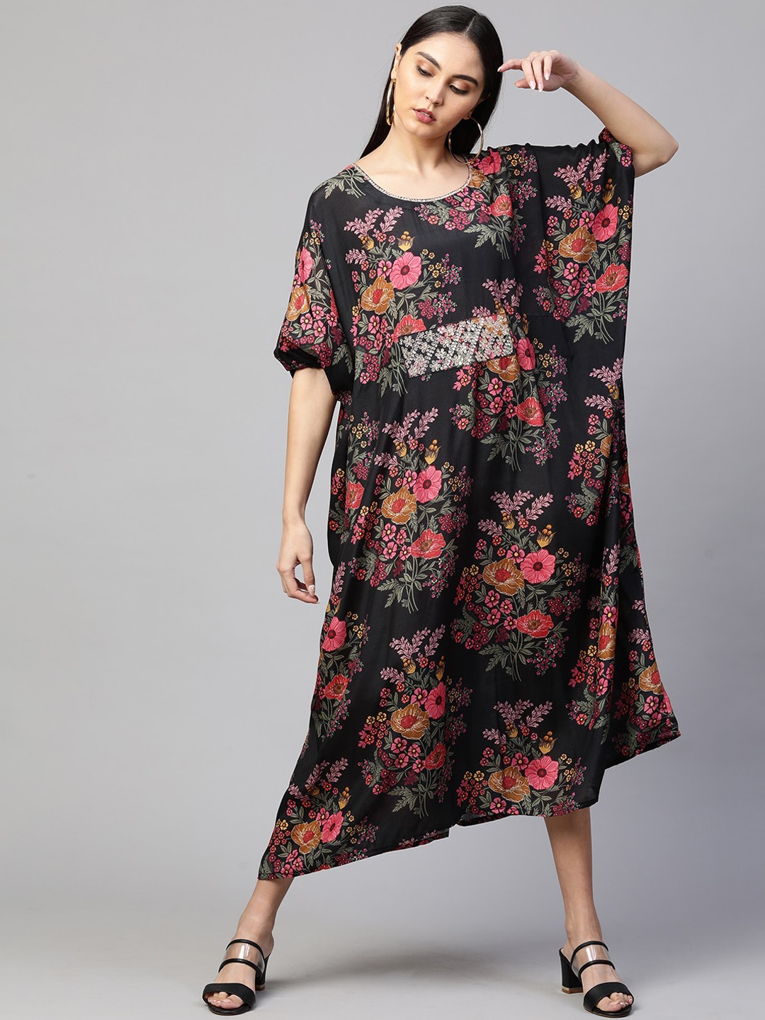 

FASHOR Black & Pink Floral Kaftan Dress