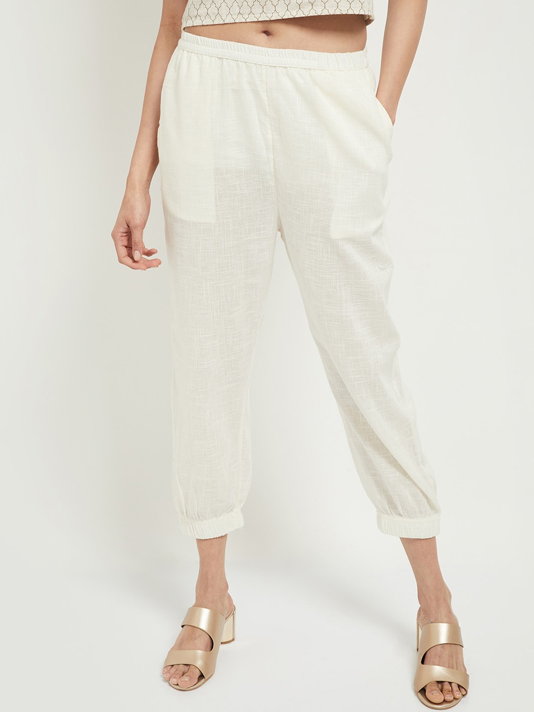 

max Women Off White Solid Pure Cotton Trousers
