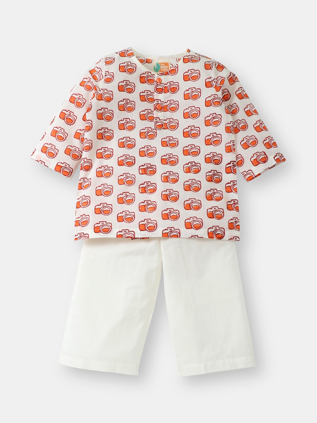 

THE BABY LABEL Kids Orange & White Hand-Block Camera Print Kurta Pajama Set