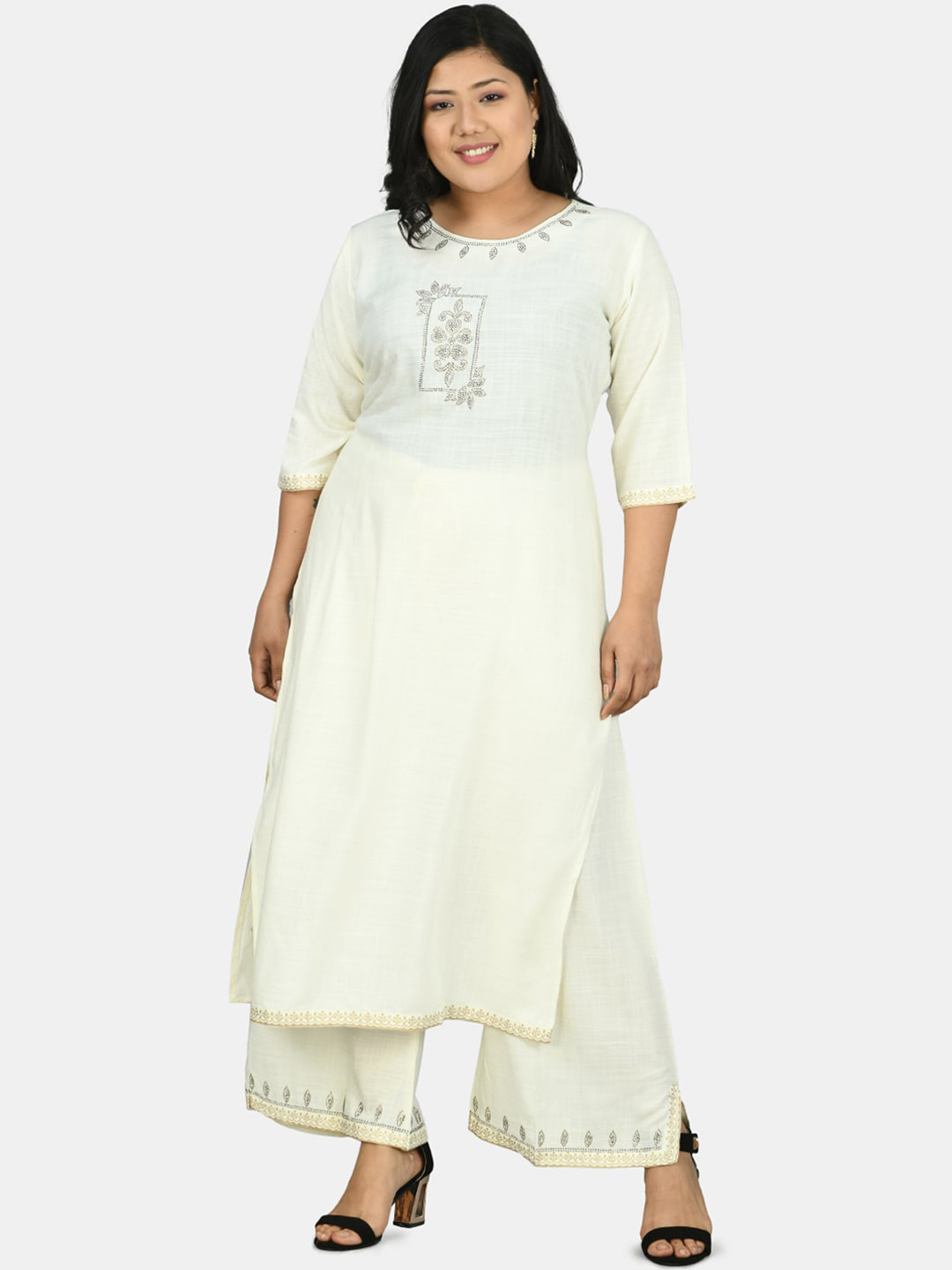 

PrettyPlus by Desinoor.com Women White Ethnic Motifs Embroidered Kurta with Palazzos
