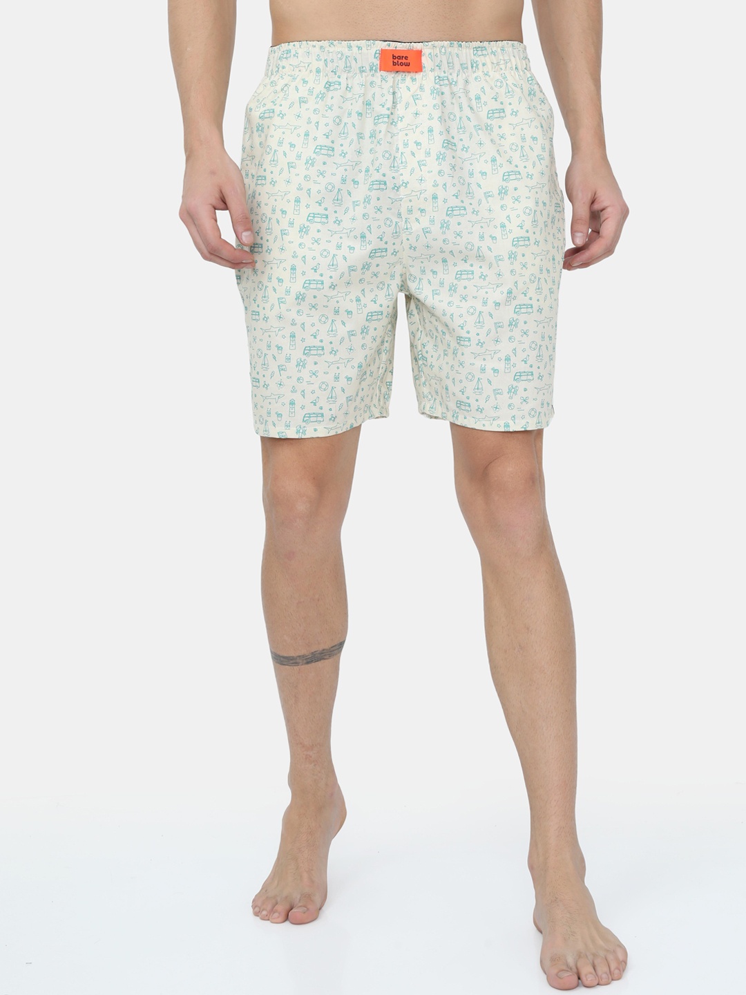 

Bareblow Men White & Green Printed Pure Cotton Boxers BBBX165S