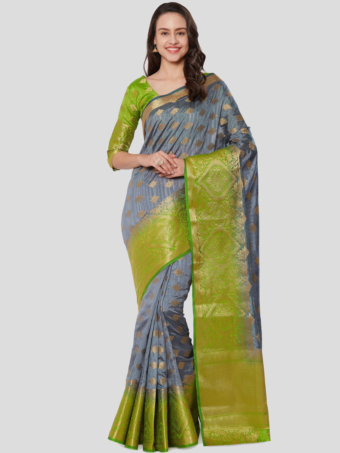

Nimayaa Grey & Gold-Toned Ethnic Motifs Woven Design Zari Silk Blend Kanjeevaram Saree