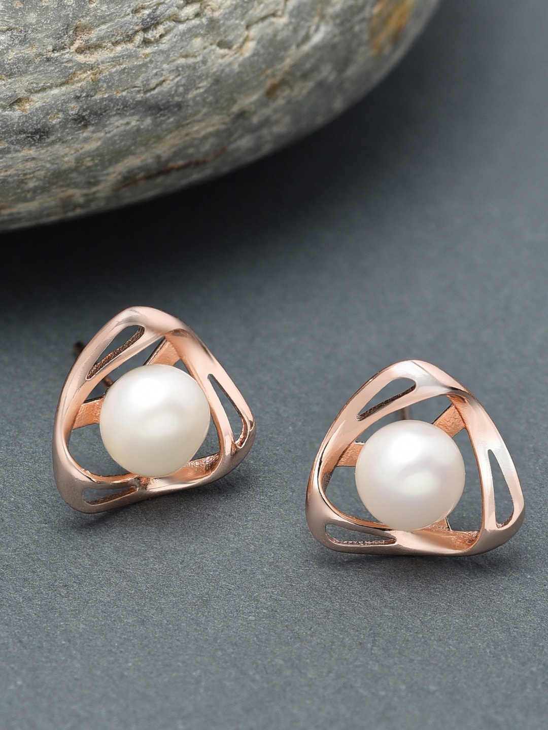 

AMI Rose Gold Contemporary Pearl Studs Earrings