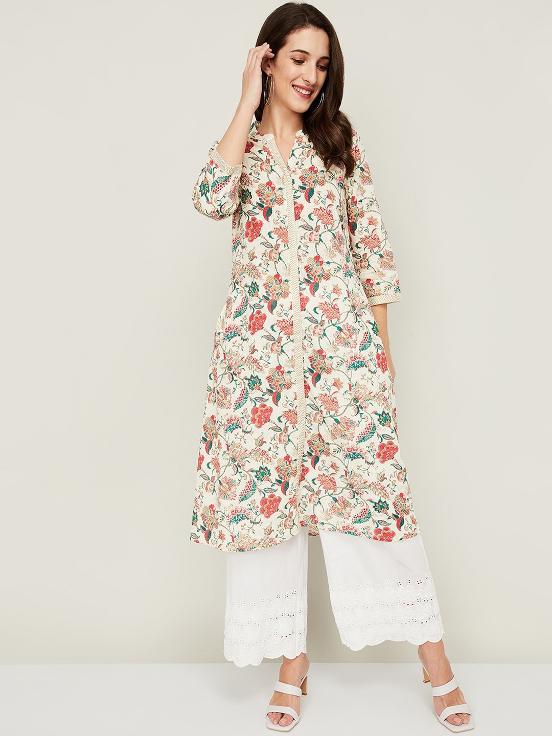 

Melange by Lifestyle Women Off-White & Green Floral Printed A-line Kurta