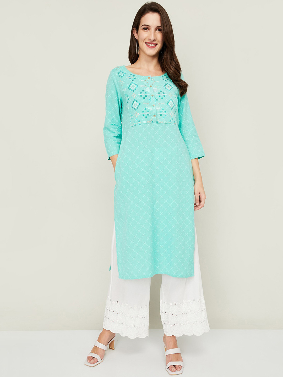 

Melange by Lifestyle Women Turquoise Blue Geometric Embroidered Thread Work Kurta