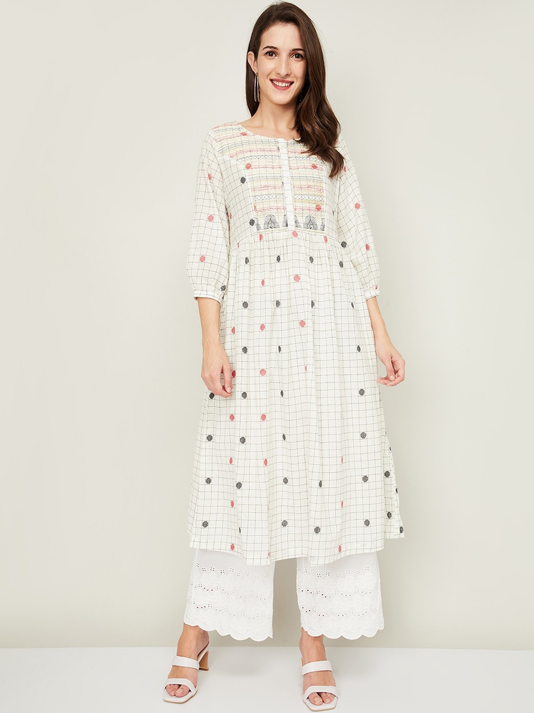 

Melange by Lifestyle Women Off White Geometric Checked Kurta