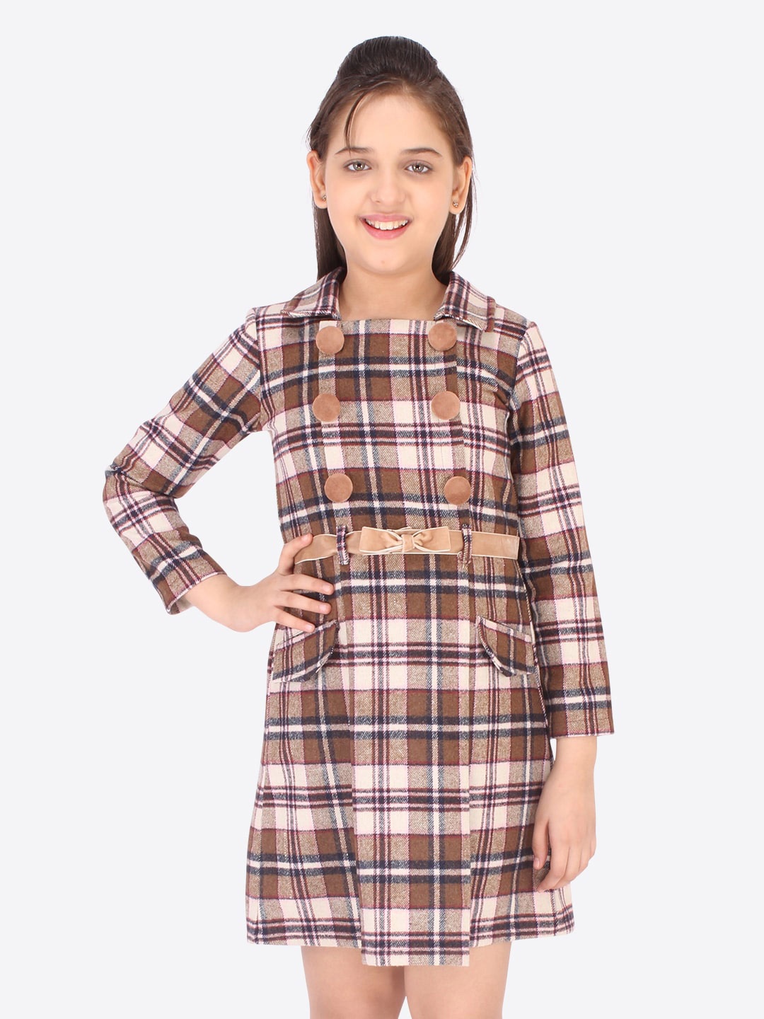 

CUTECUMBER Brown Checked A-Line Dress