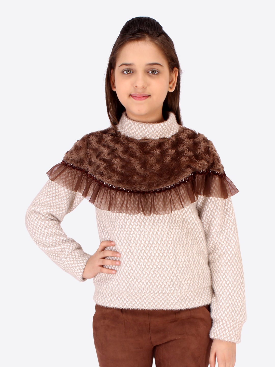 

CUTECUMBER Girls Beige Print Tweed Top