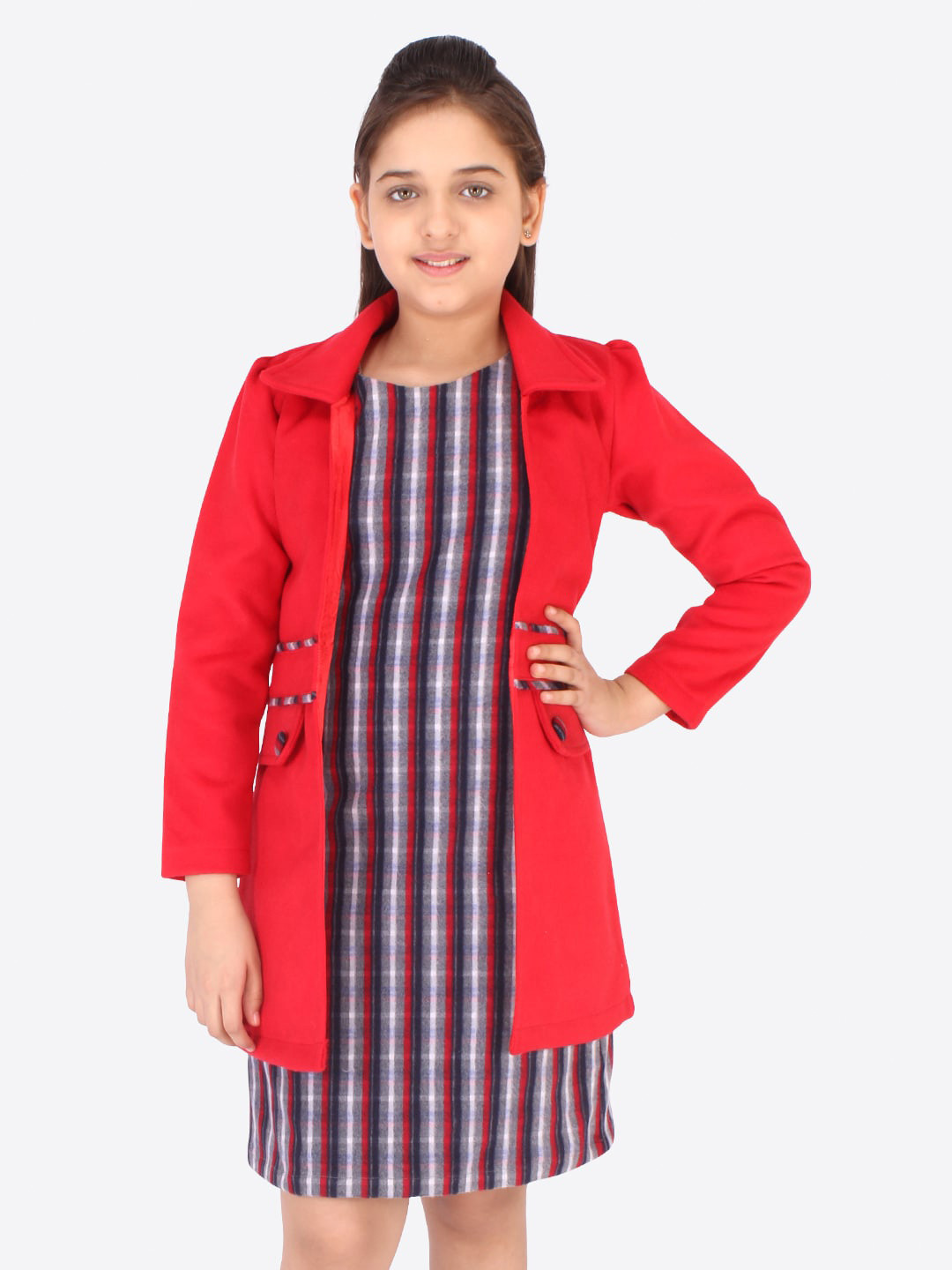 

CUTECUMBER Girls Red & White Striped A-Line Dress With Jacket