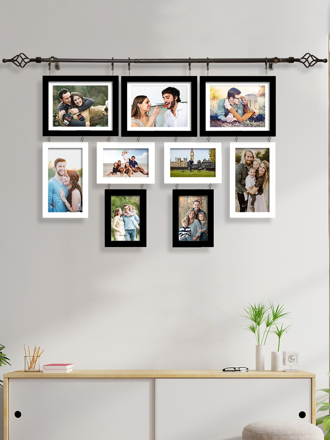 

Art Street Set Of 9 White & Black Acrylic Wall Hanging Photo Frame With Hanging Rod