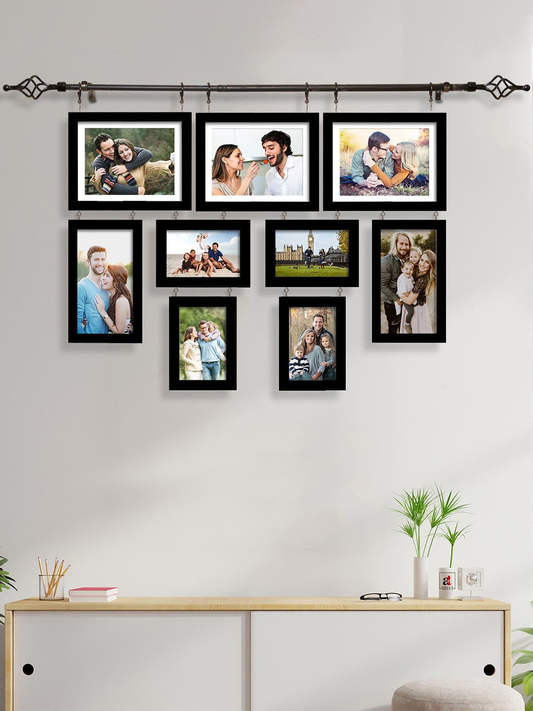 

Art Street Set Of 9 Solid Wall Photo Frame With Hanging Rod, Black