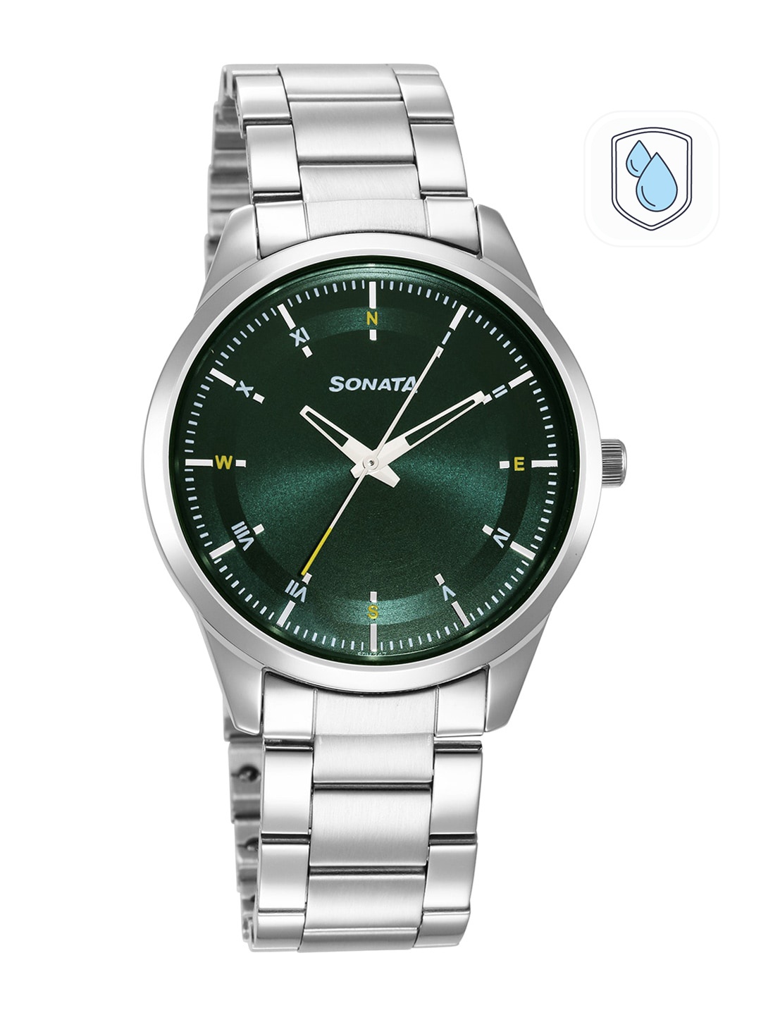 Tatacliq - Sonata Men Green Brass Dial & Silver Toned Stainless Steel Bracelet Style Straps Analogue Watch 7146SM03 Price