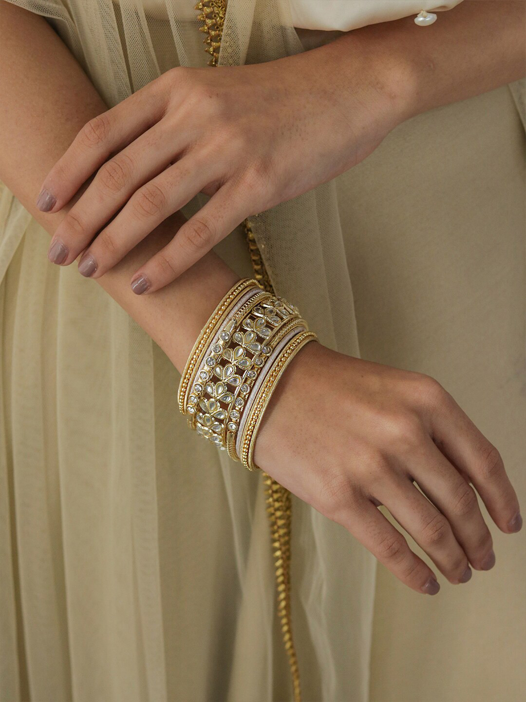

Fida Set Of 11 Gold-Plated White Stone-Studded Bangles