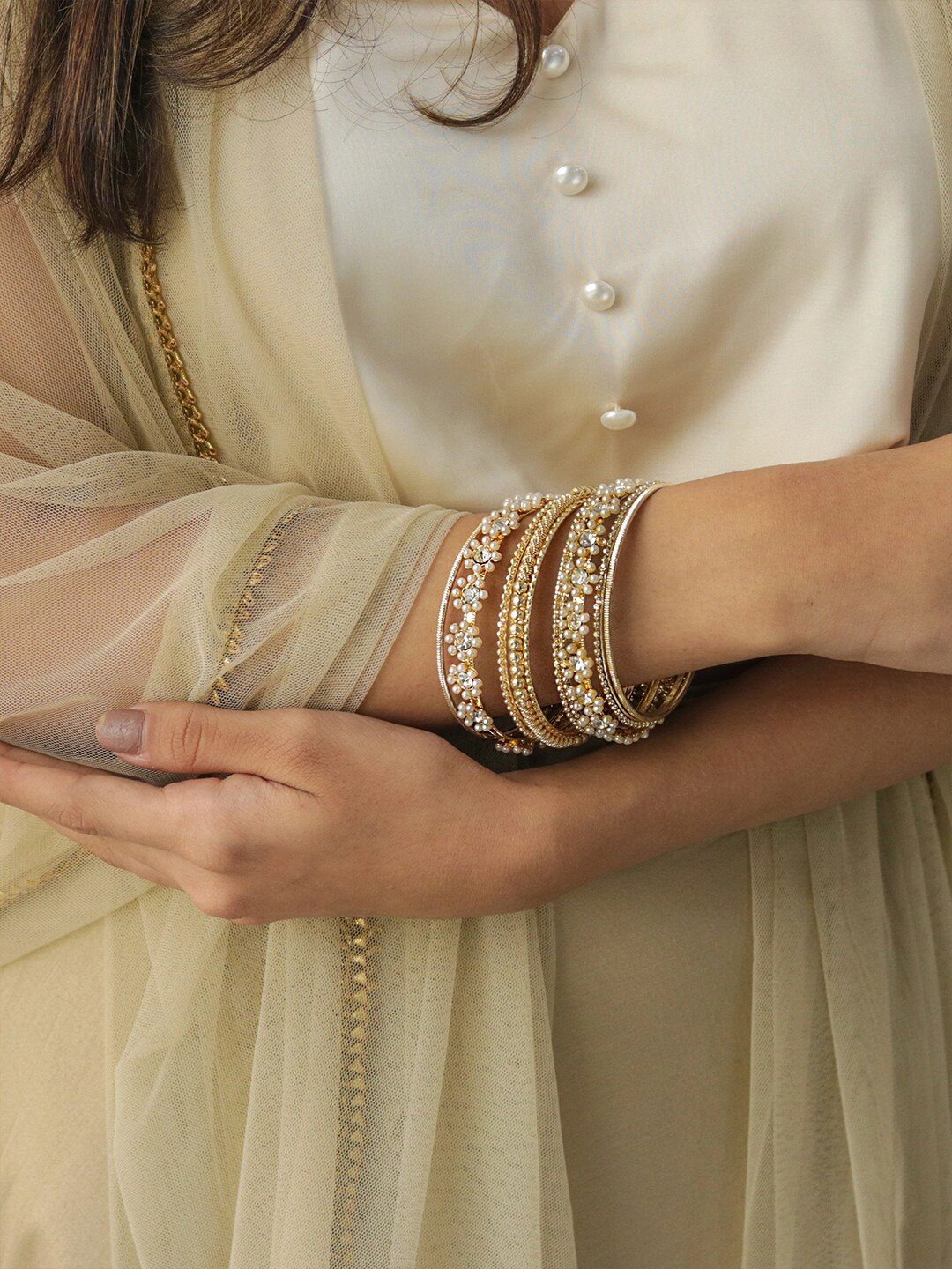 

Fida Women Gold-Toned Set Of 9 Beaded & Stone Embellished Bangles