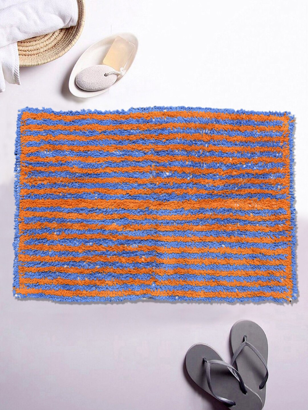 

AVI Living Orange & Blue Striped Cotton 1200 GSM Bath Rug