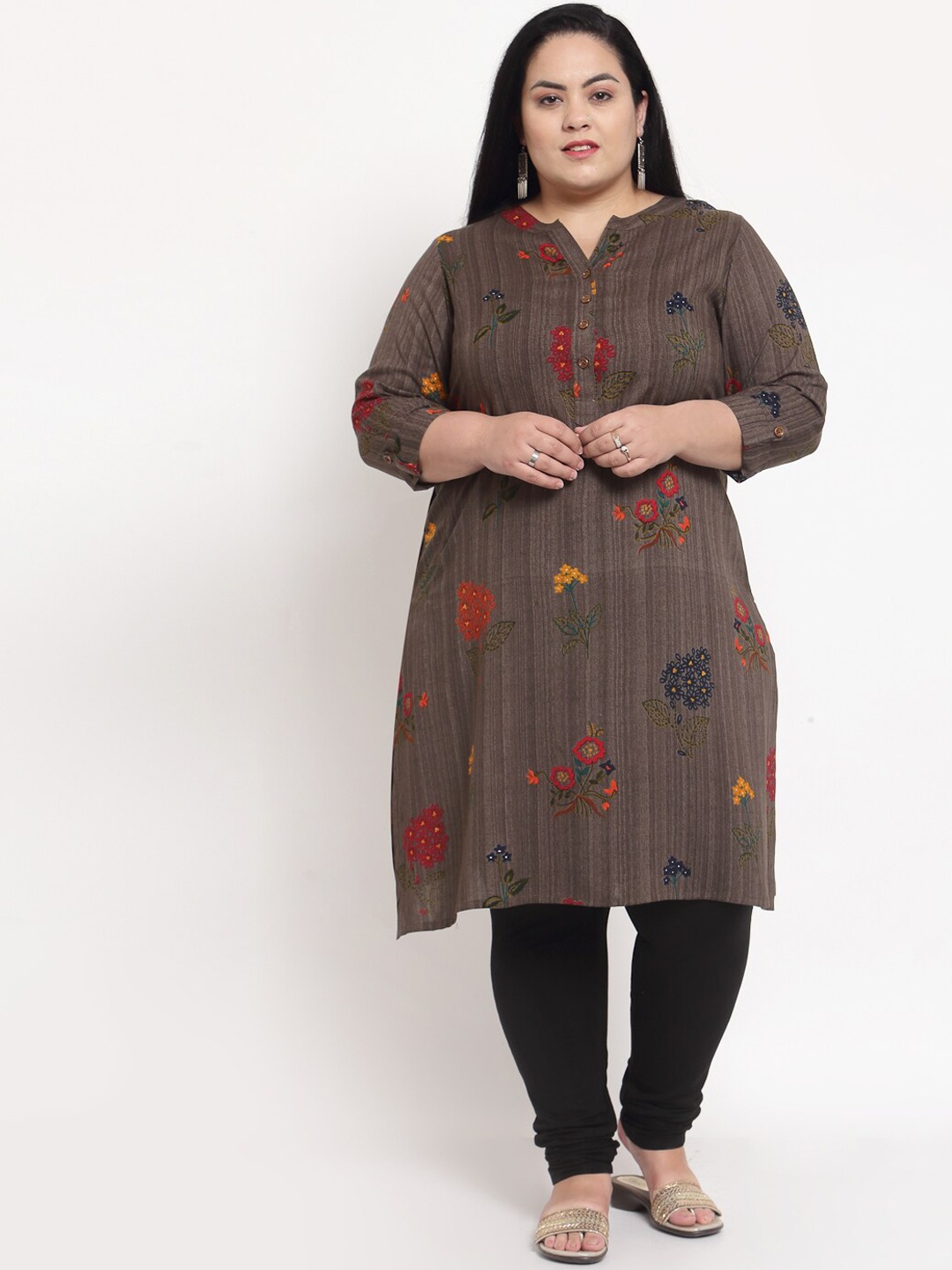 

plusS Plus Size Women Grey Floral Printed Kurta