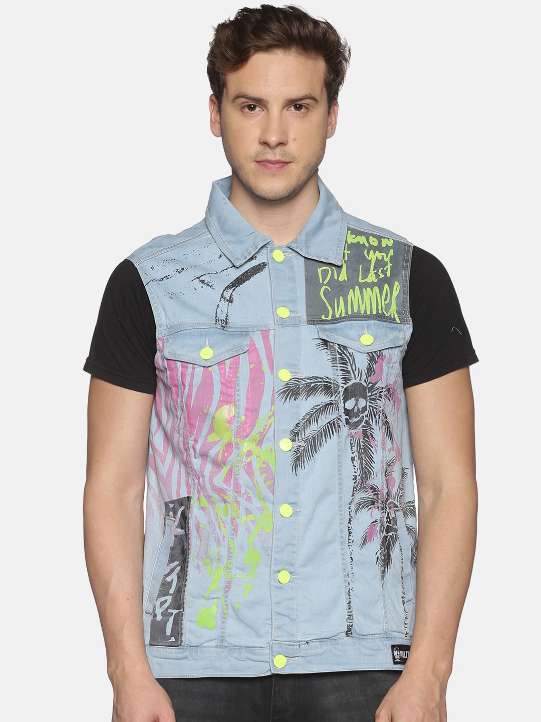 

KULTPRIT Men Blue Denim Jacket with Patchwork