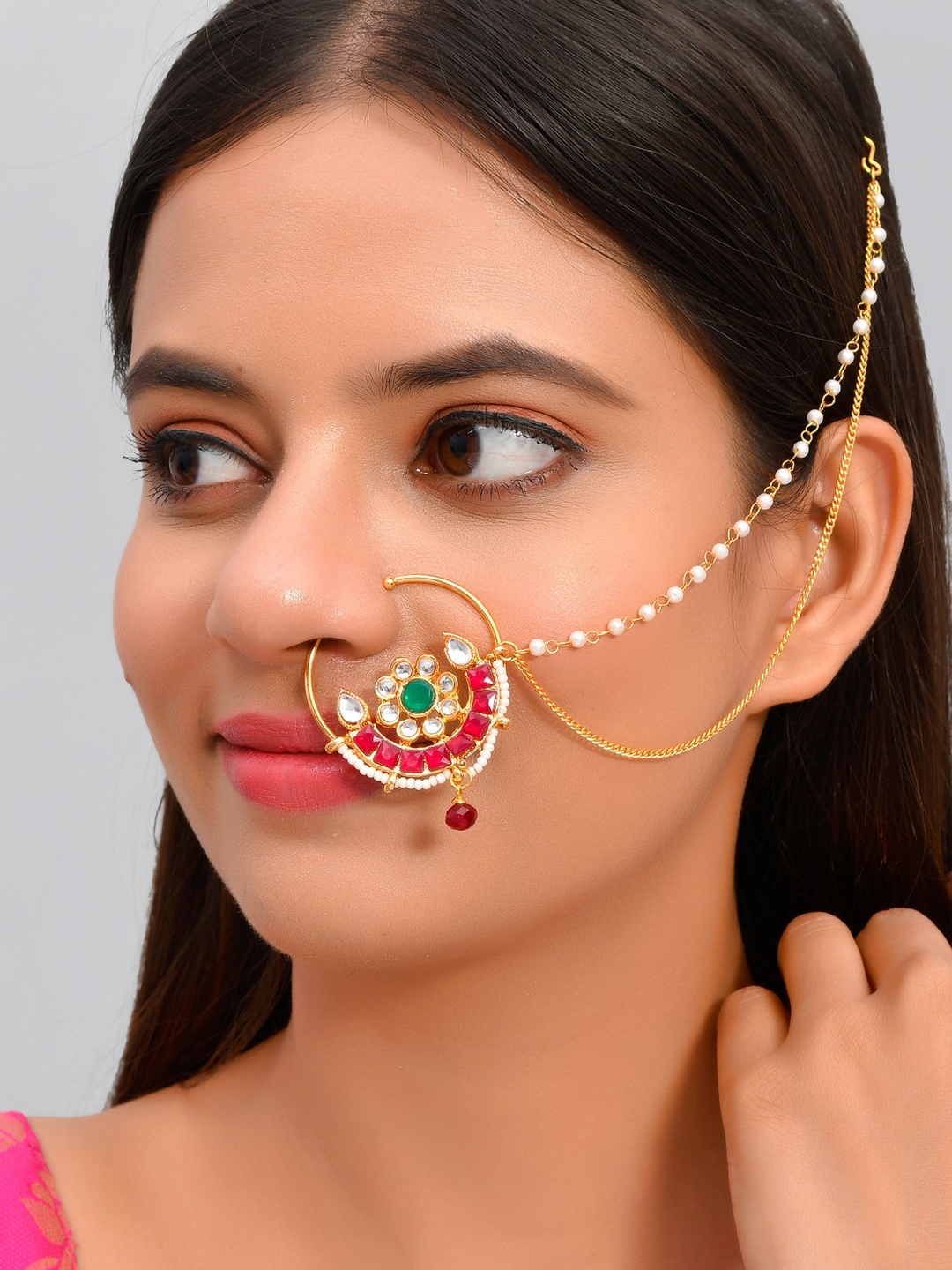 

Silvermerc Designs Gold-Plated White & Green Kundan-Studded & Pearls Beaded Nose Ring