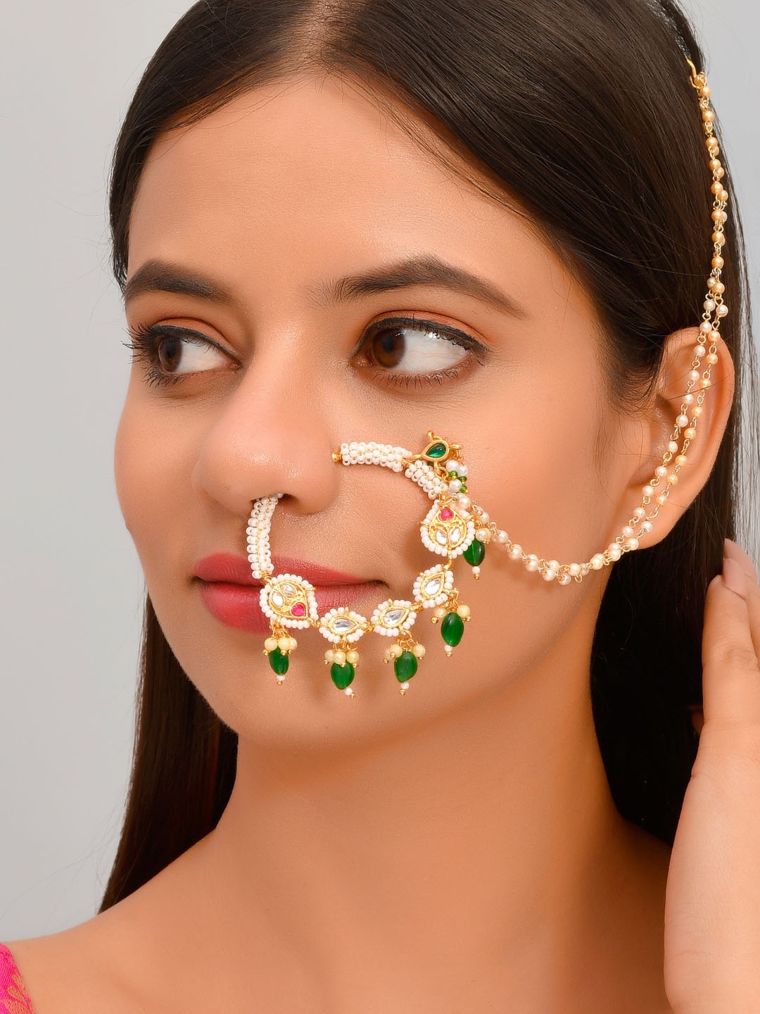 

Silvermerc Designs Gold-Plated & White Pearls Beaded Nose Ring