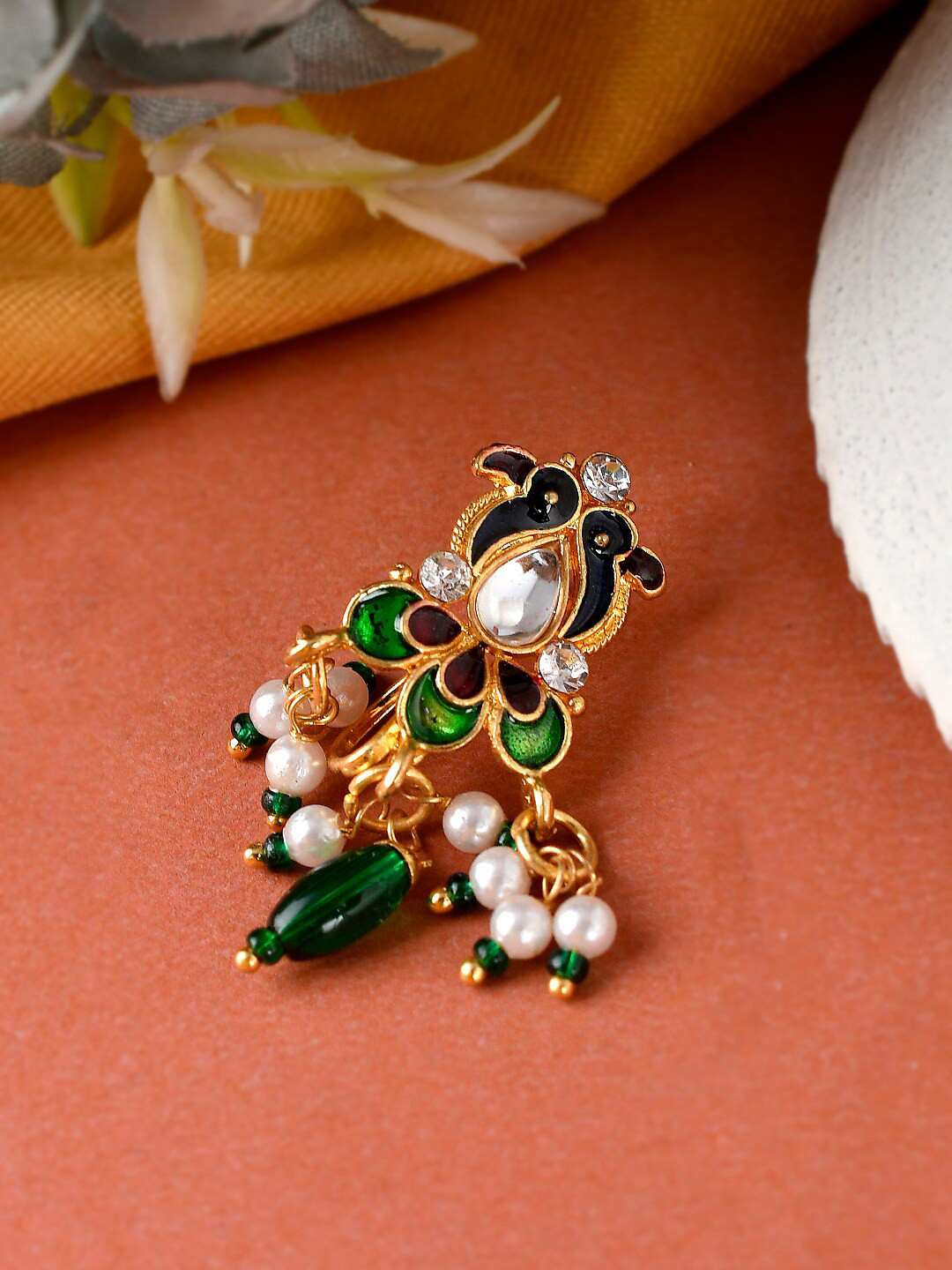 

Silvermerc Designs Green & White Meenakari Ethnic Nosepin